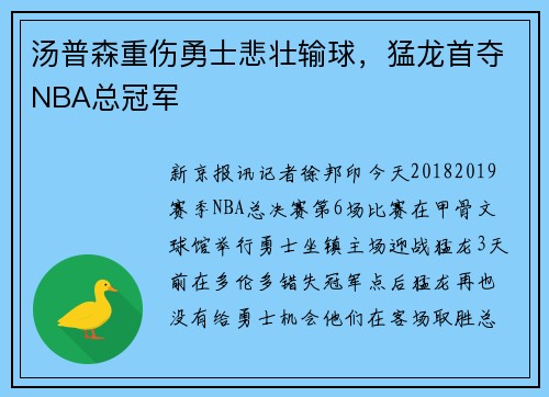 汤普森重伤勇士悲壮输球，猛龙首夺NBA总冠军