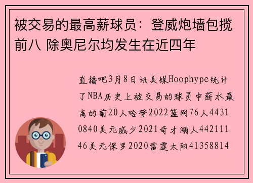 被交易的最高薪球员：登威炮墙包揽前八 除奥尼尔均发生在近四年